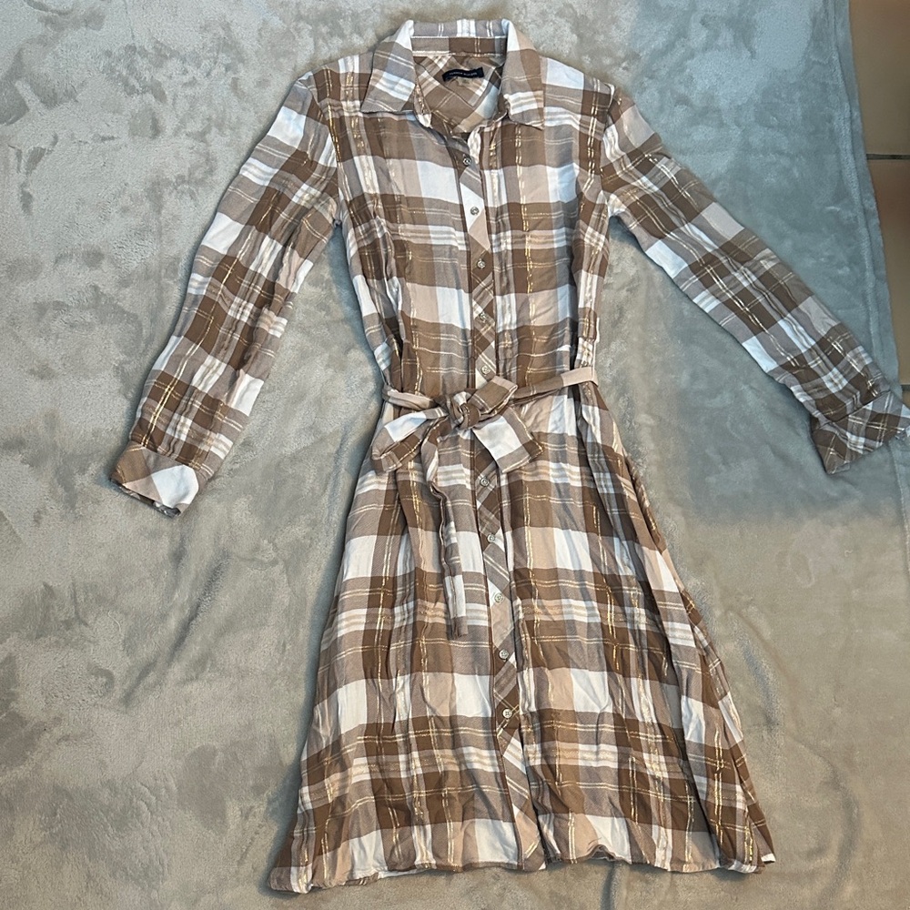 Tommy Hilfiger Brown & White Plaid Long Sleeve Button Down Roll Tab Button Dress